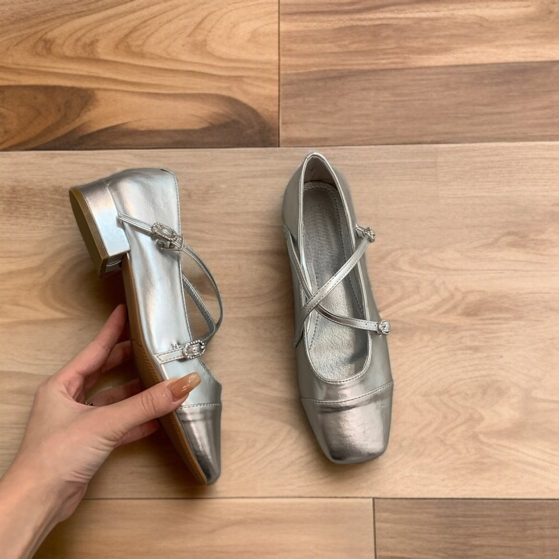 통굽 단화 소프트 크로스 스퀘어 플랫 슈즈 실버 단화 플랫 통굽 단화