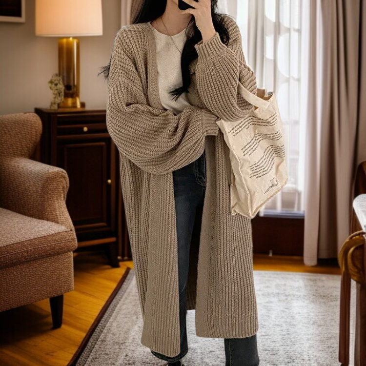 여성 루즈핏 날씬해 보이는 롱 니트 카디건 코트 벌룬 소매 니트 여 빈티지 나른한 니트