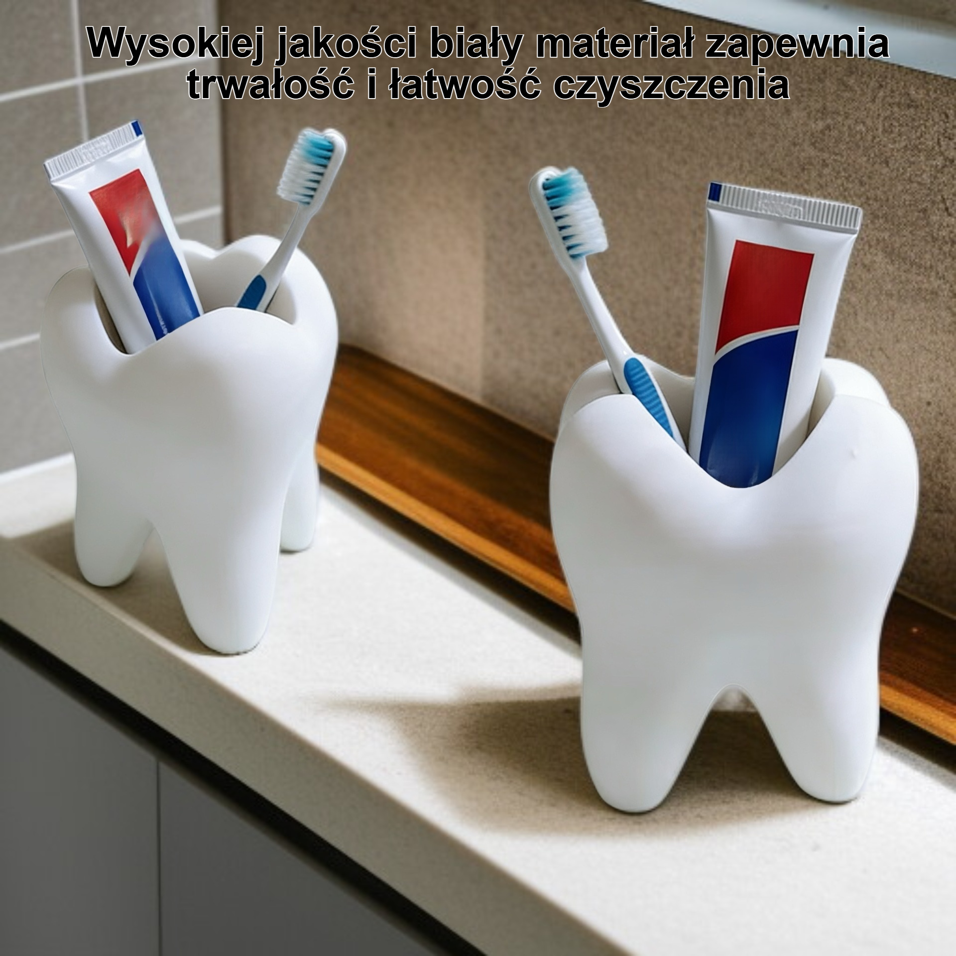 Wydrukowany w 3D uchwyt na szczoteczkę do zębów w kształcie zęba, biały