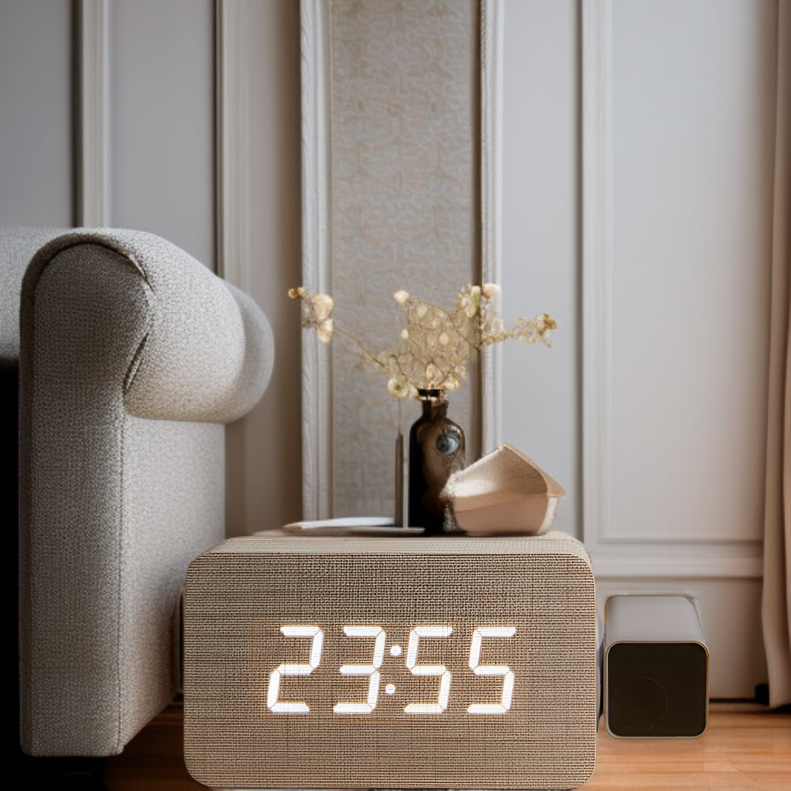 거실에 놓인 새로운 나무 프로젝션 시계