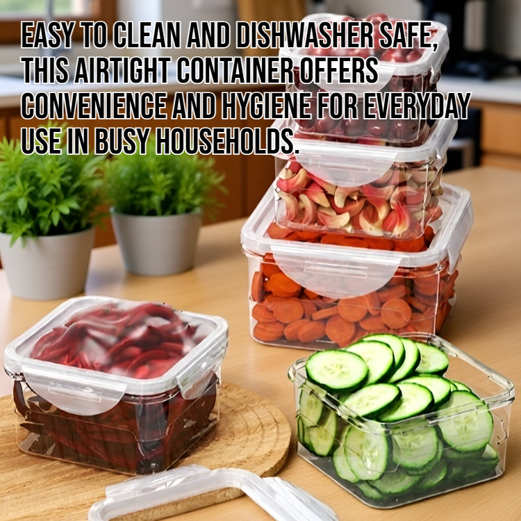 Set of airtight plastic food storage containers in kitchen