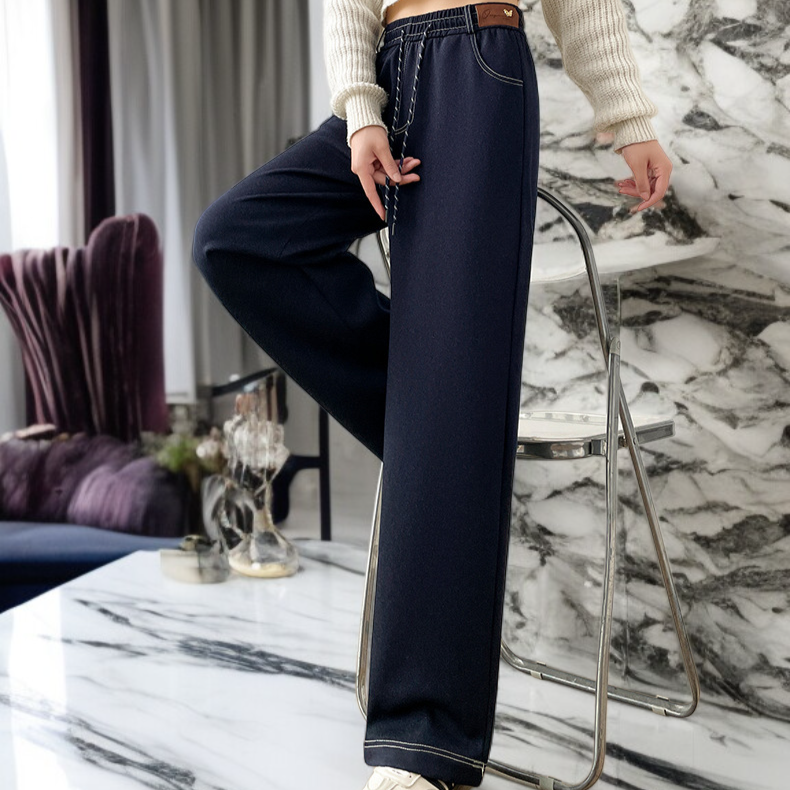 ハイウエストのストレッチフリース裏地付きカジュアルジーンズ