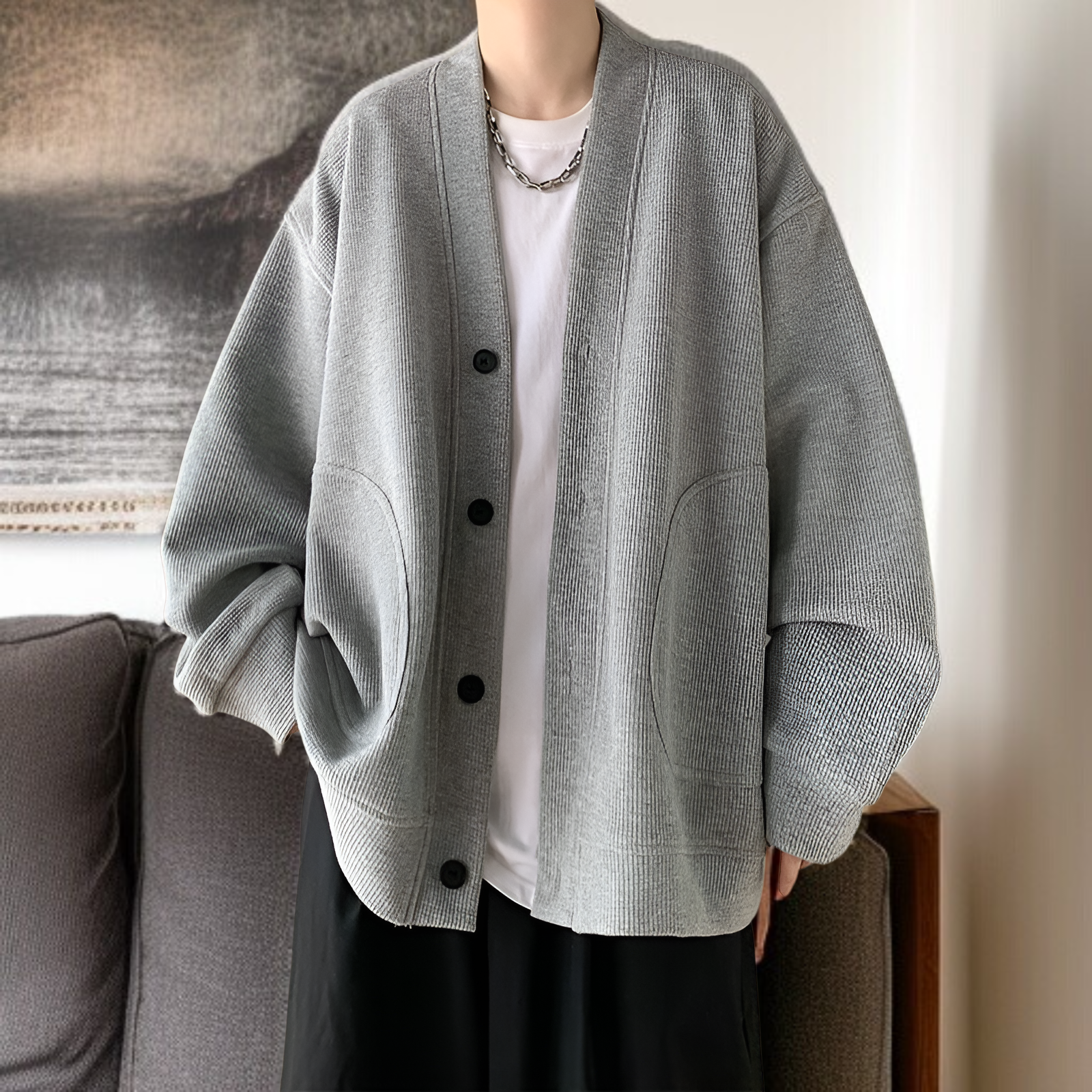 春と秋に着用する男性用のレイジースタイルのウールカーディガンジャケット、Vネックのアメリカンジャケットを備えた先進的な若々しいフードなしセーター