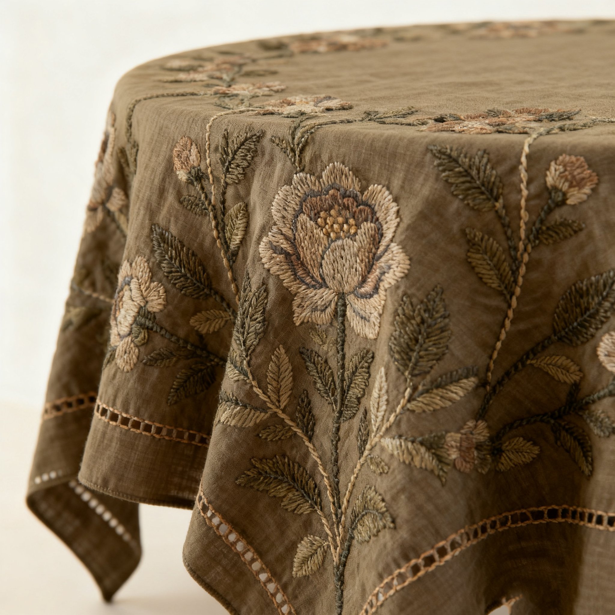 ผ้าปูโต๊ะวินเทจลายดอกไม้ปักมือบนโต๊ะอาหาร