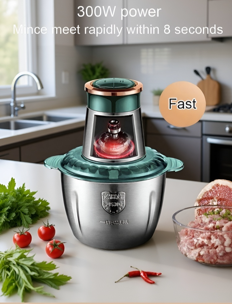Stainless steel electric food processor on kitchen counter