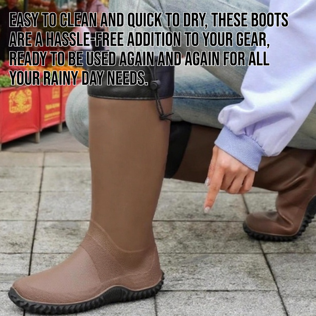 Outdoor hiking with anti-slip mid-calf rain boots in rainforest