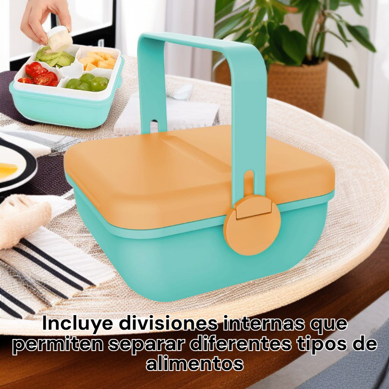 Contenedor de alimentos portátil con divisiones, ideal para llevar almuerzo