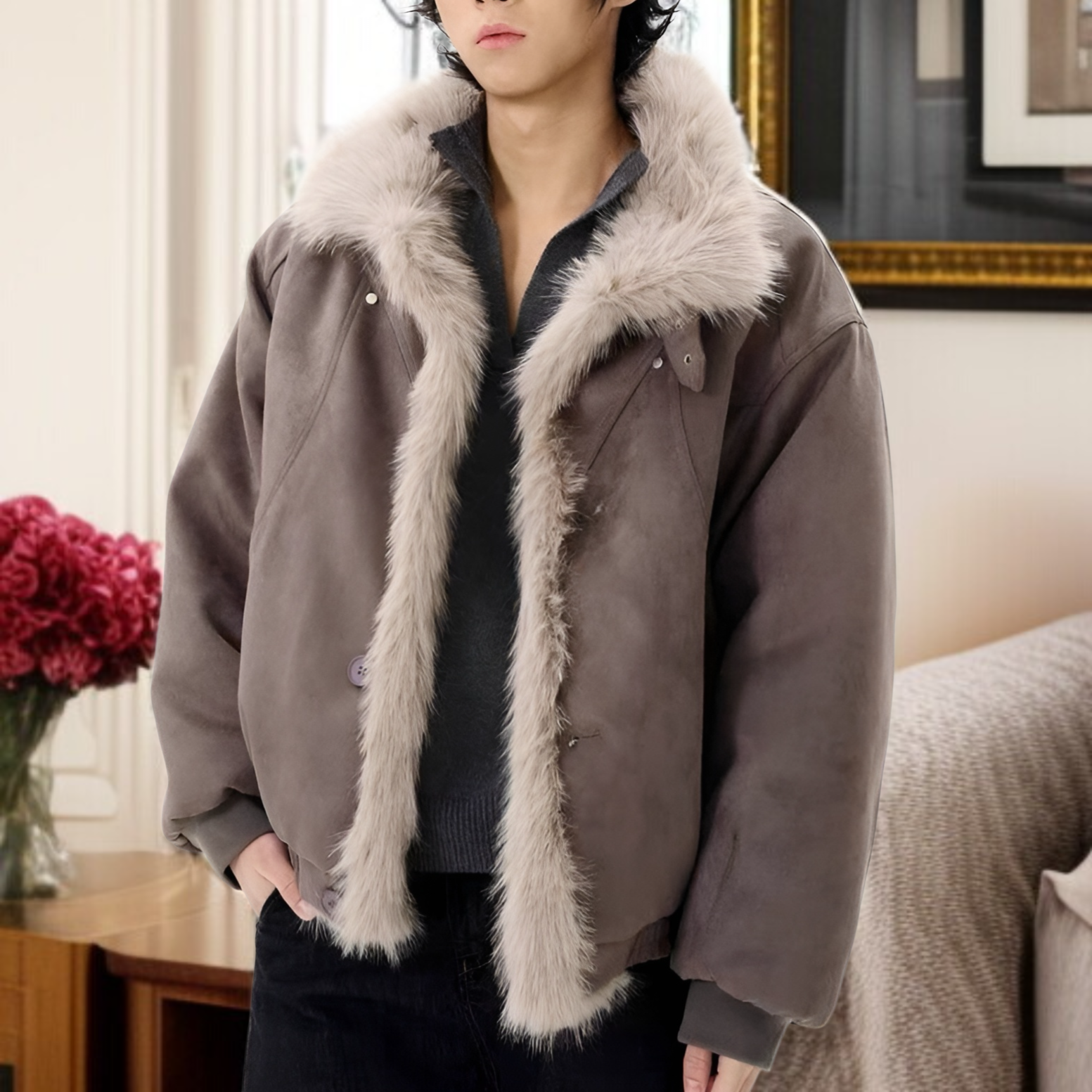 2025 レトロ風 マウンテンカービング 厚手 コットン パッド入り ジャケット メンズ レディース ルーズフィット デコンストラクト 起毛 高級感 ファーカラーコート グレー