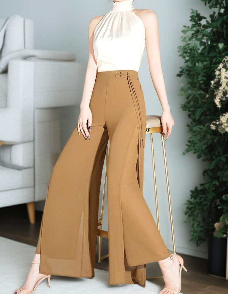 여성 와이드 얇은 밴딩 허리 와이드 팬츠 9부 처짐 절개 와이드 팬츠 바람 쉬폰 일자 와이드 팬츠 하늘하늘 치마바지