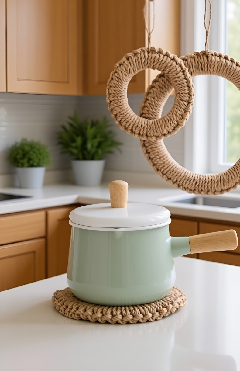 デスクに敷いた編み込み耐熱マット