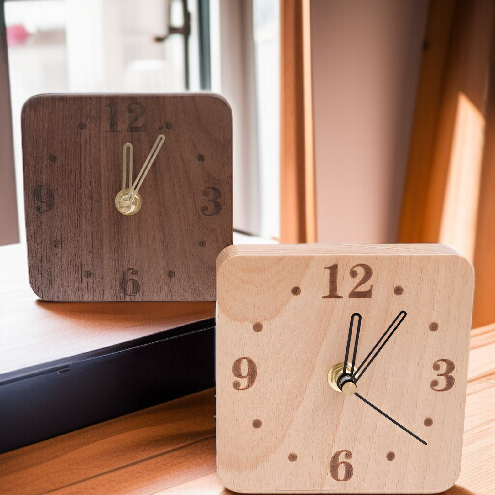 北欧風のシンプルな卓上時計、天然無垢材の静音木製時計、寝室のベッドサイド時計