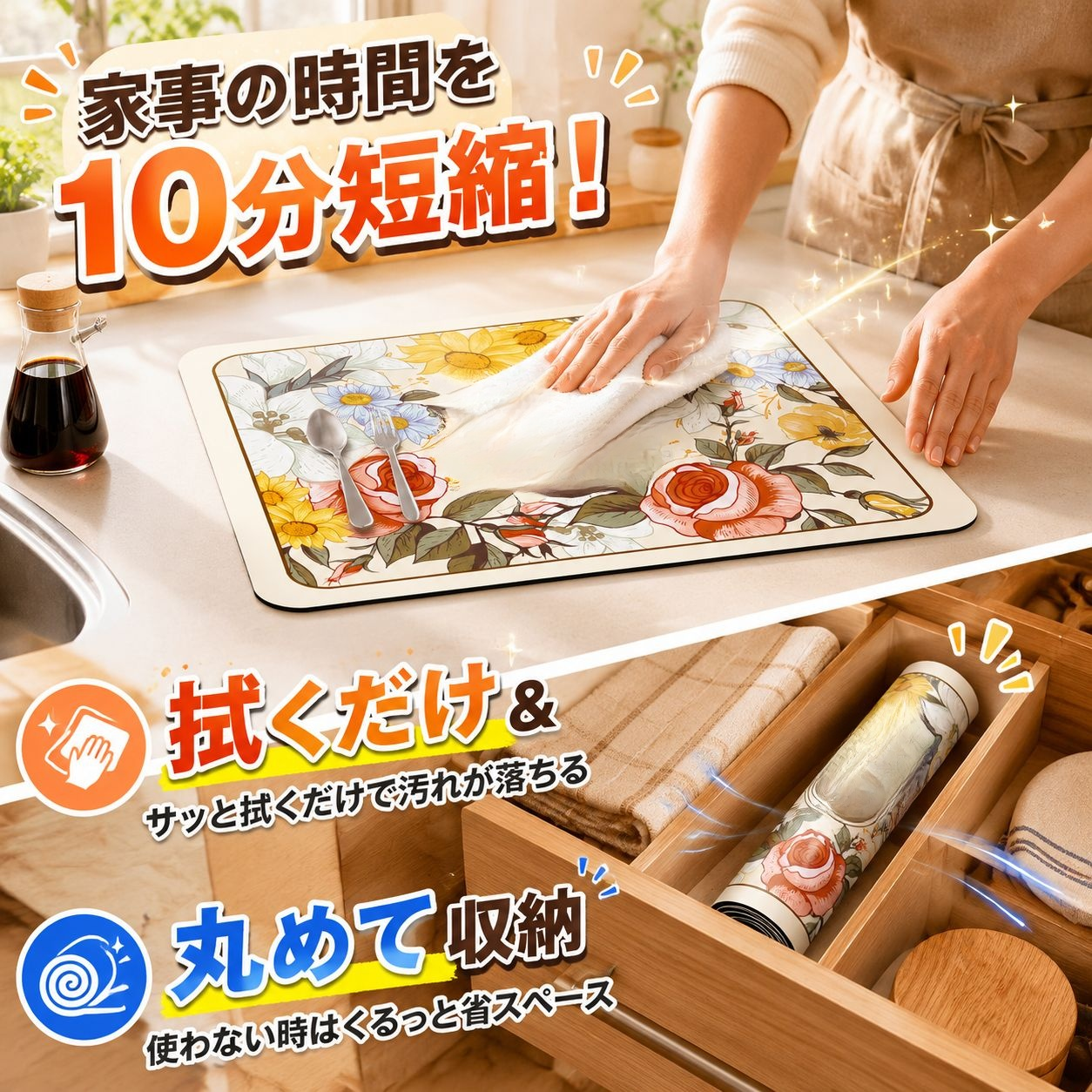吸水レザーテーブルマット 食器乾燥パッド 多機能キッチンコースター