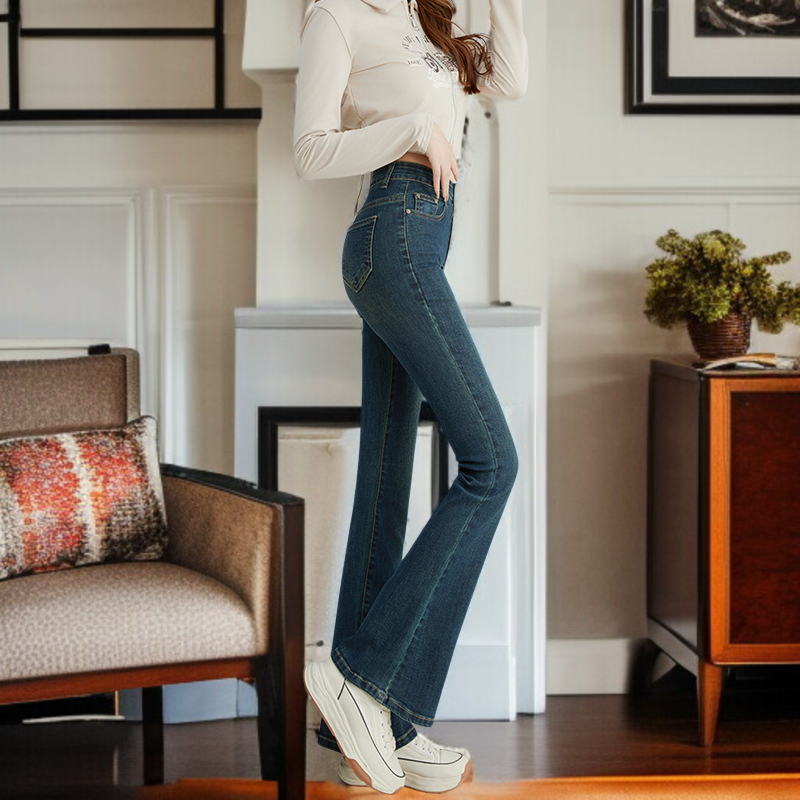 小さめハイウエストワイドジーンズ女性春春スリム細めマイクロフレアワイドパンツ