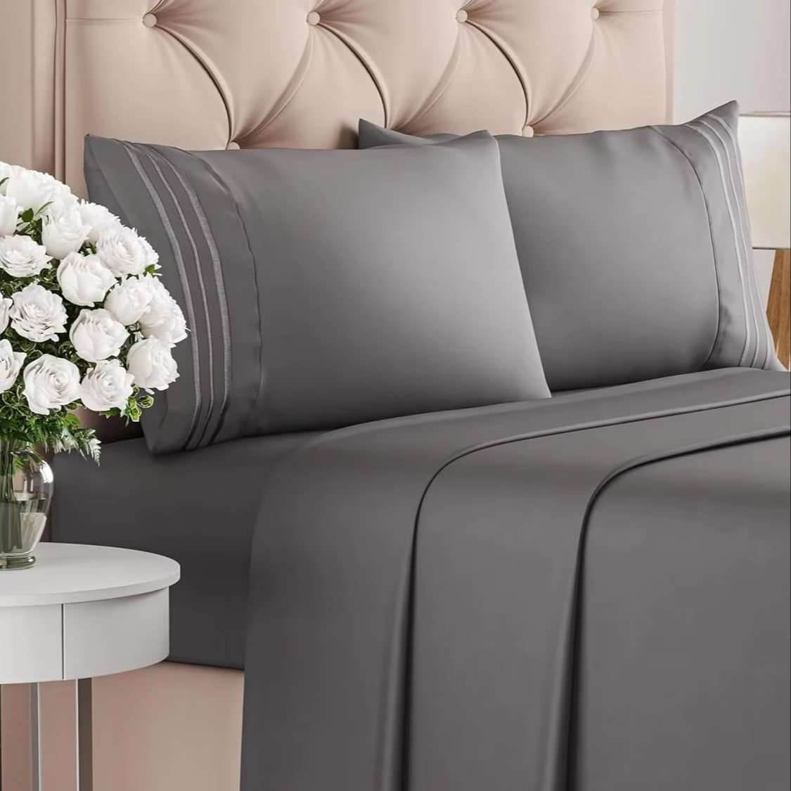 Oeko-Tex ダークグレー 寝具4点セット 深型ポケット ホテル用ベッドシーツ