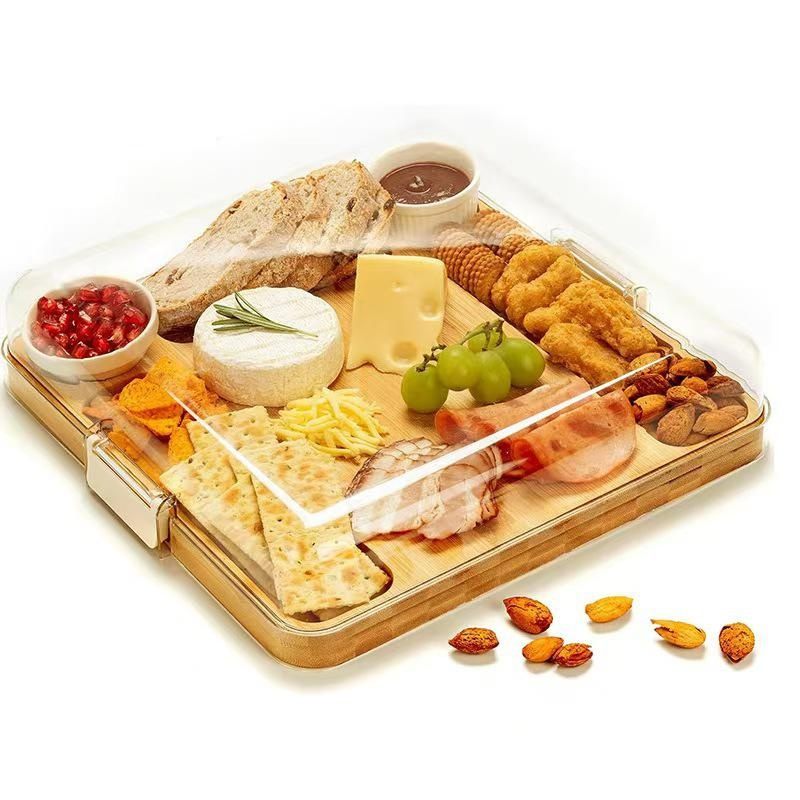 Bambusový podnos s víkem, rozdělený talíř na dezerty, ovoce, sýry a steaky