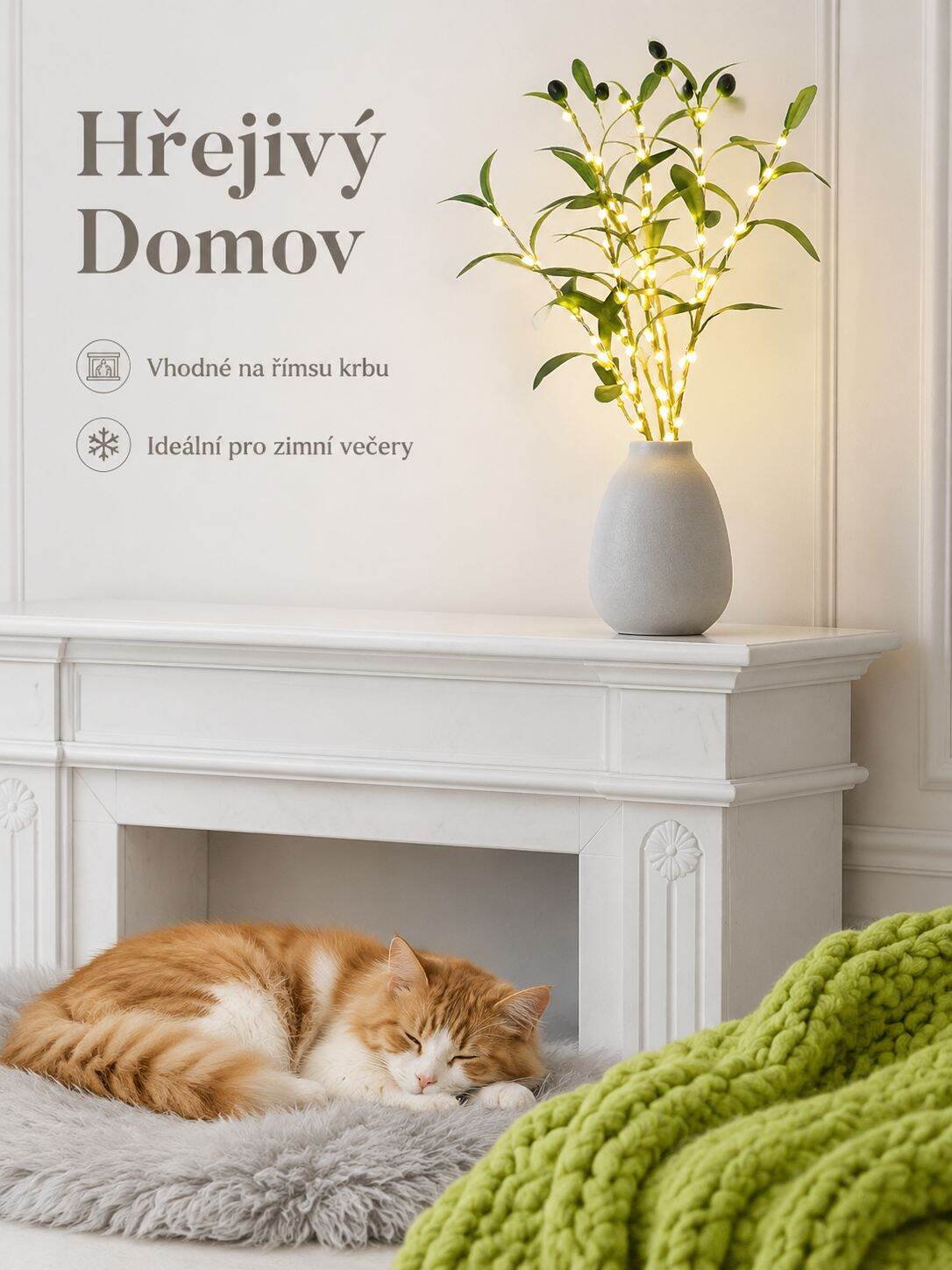 Detail listů a plodů umělé olivy s LED světly