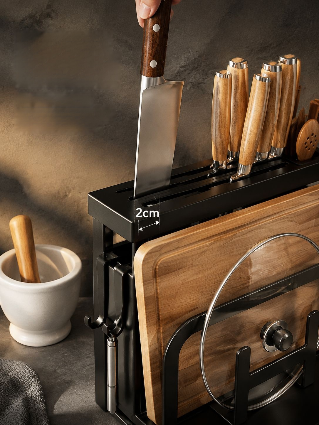 Organisateur de cuisine pour couteaux, planches et couvercles