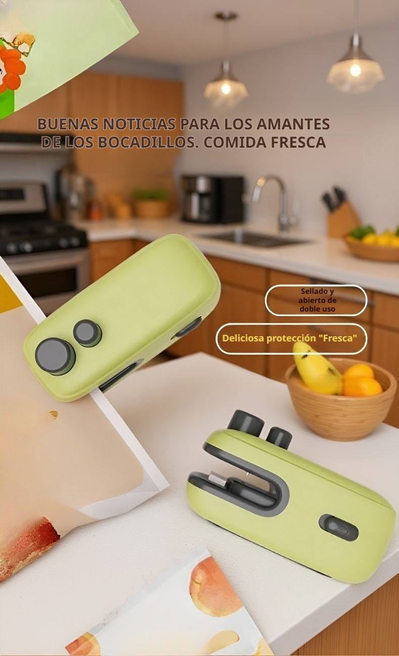 Sellador doméstico de bolsas plásticas magnético sobre mesa de cocina