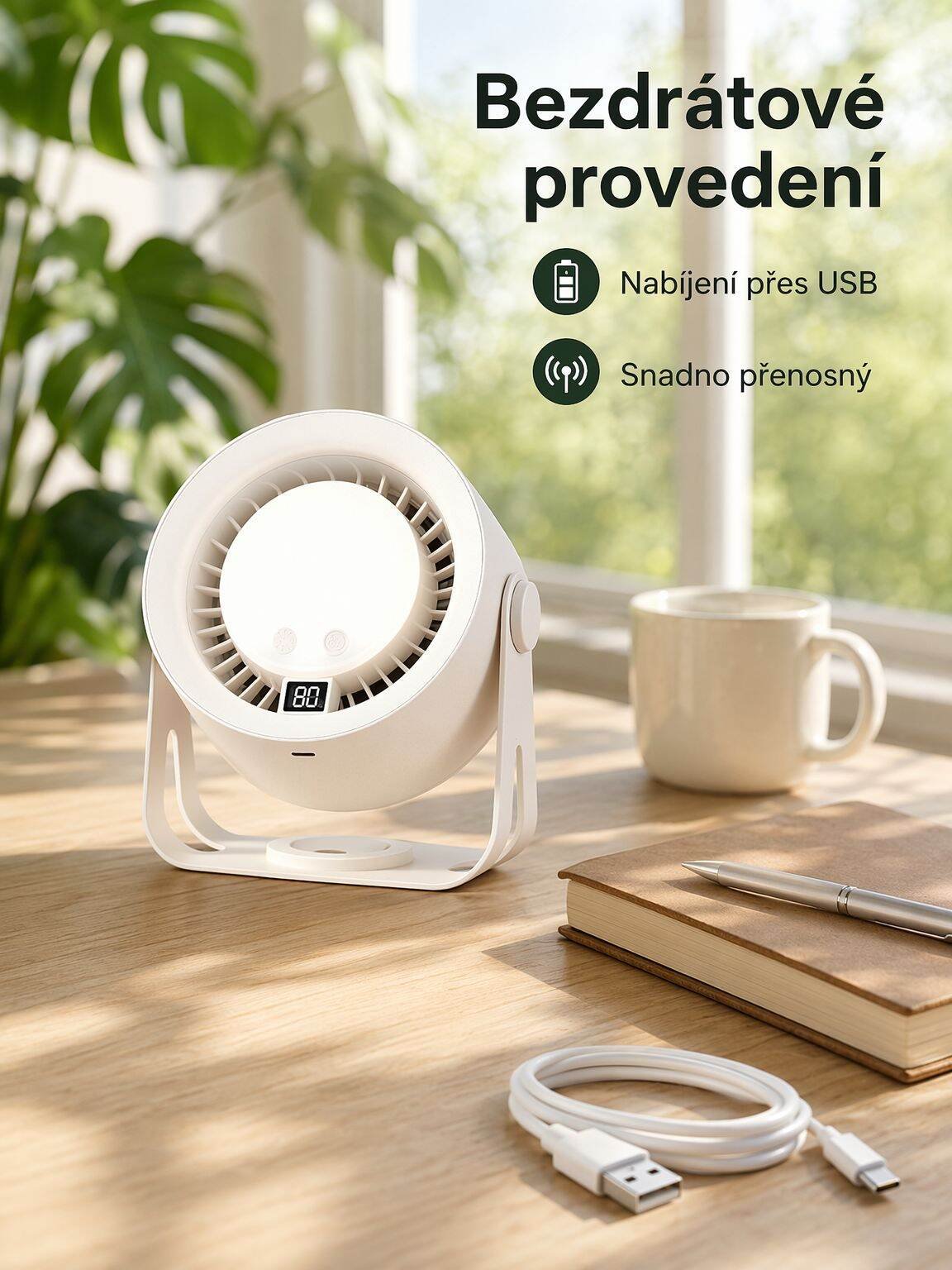 Stolní chytrý ventilátor a noční světlo 2 v 1, USB nabíjení pro domácnost