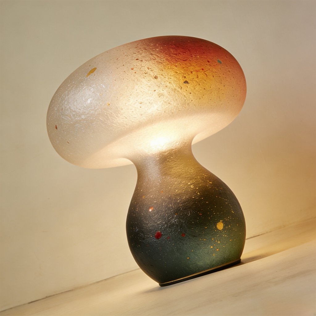 Lámpara nocturna con forma de seta encendida en dormitorio infantil