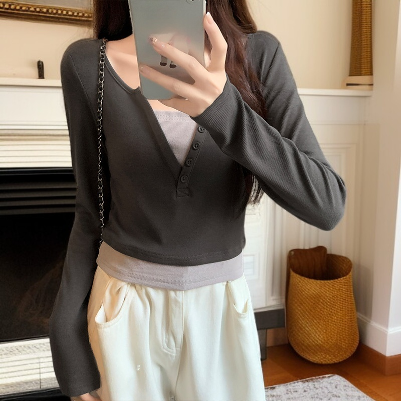 여성 페이크 투피스 슬림핏 긴팔 니트 쇼트 톱