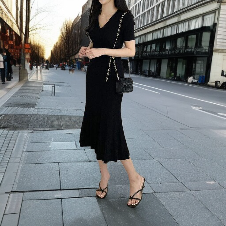 솔리드 컬러 니트 원피스 디테일