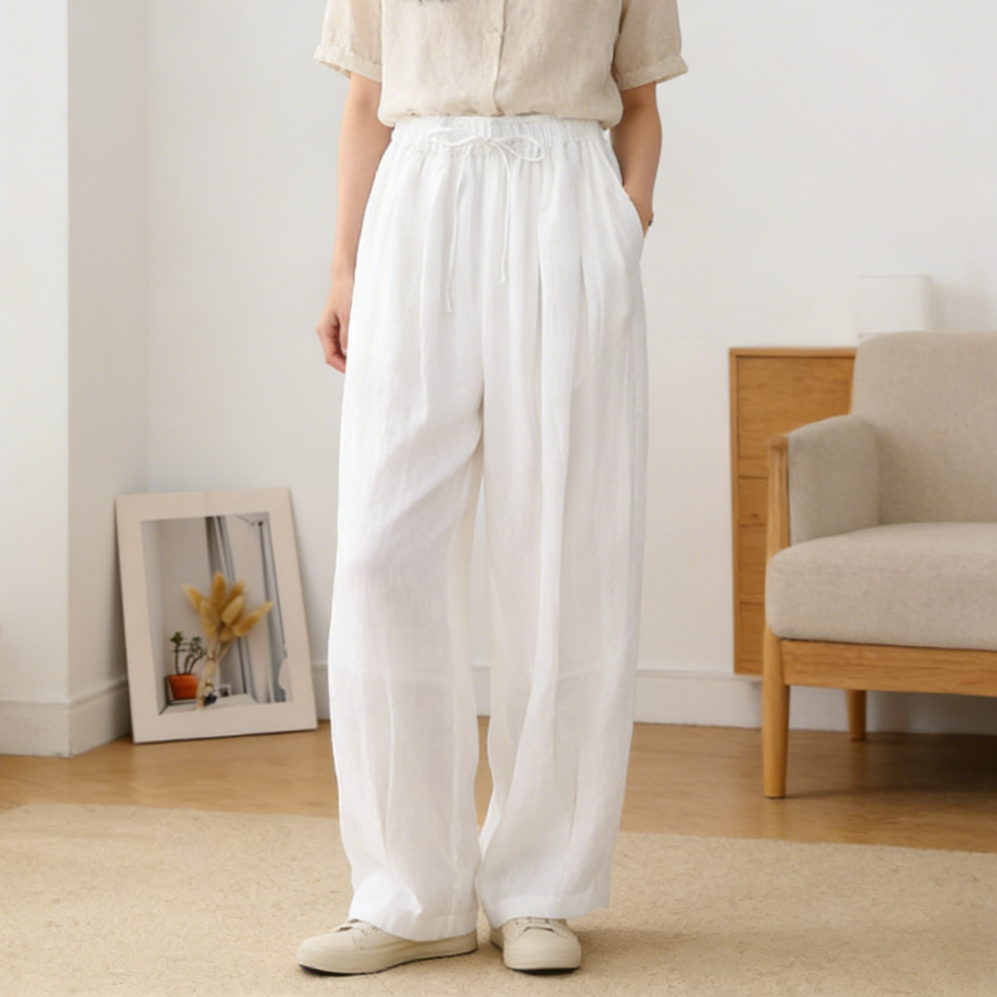 ウエストゴム仕様のレディースランタンパンツ