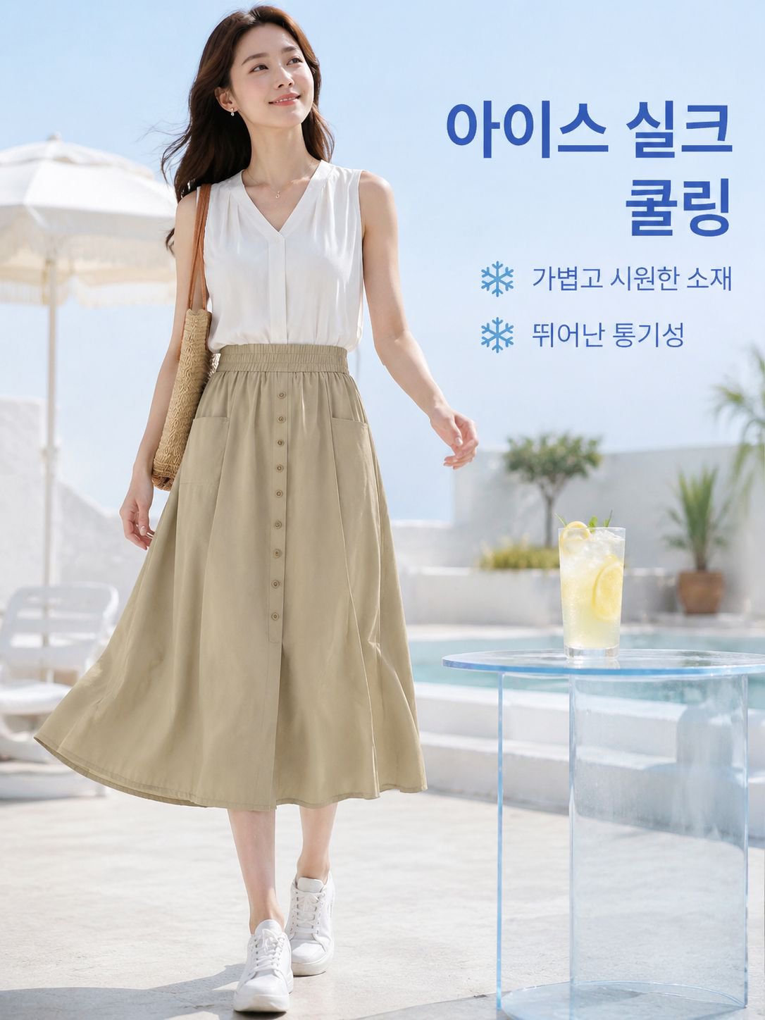 아이스 실크 루즈핏 슬림 포켓 통기성 캐주얼 A라인 스커트