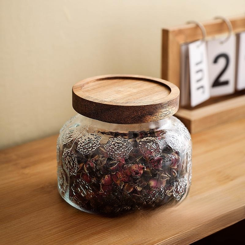 復古玻璃密封罐木蓋咖啡豆儲存罐茶葉罐