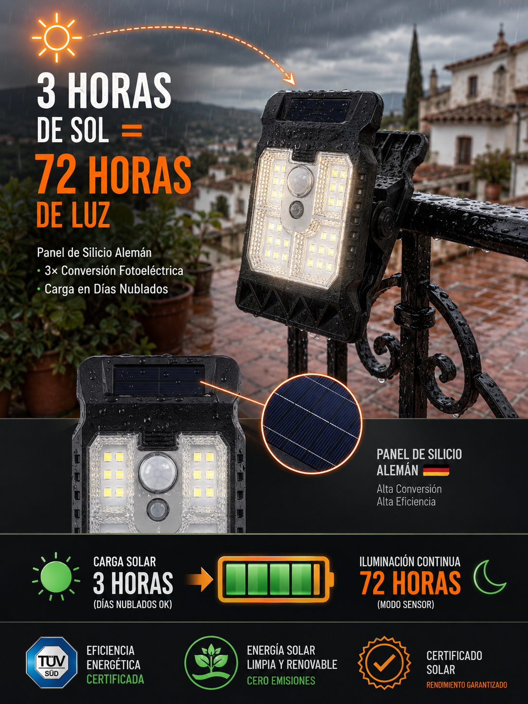 Foco Solar Radar IP65: Pinza de 1s y 10 años con 0€ de luz！