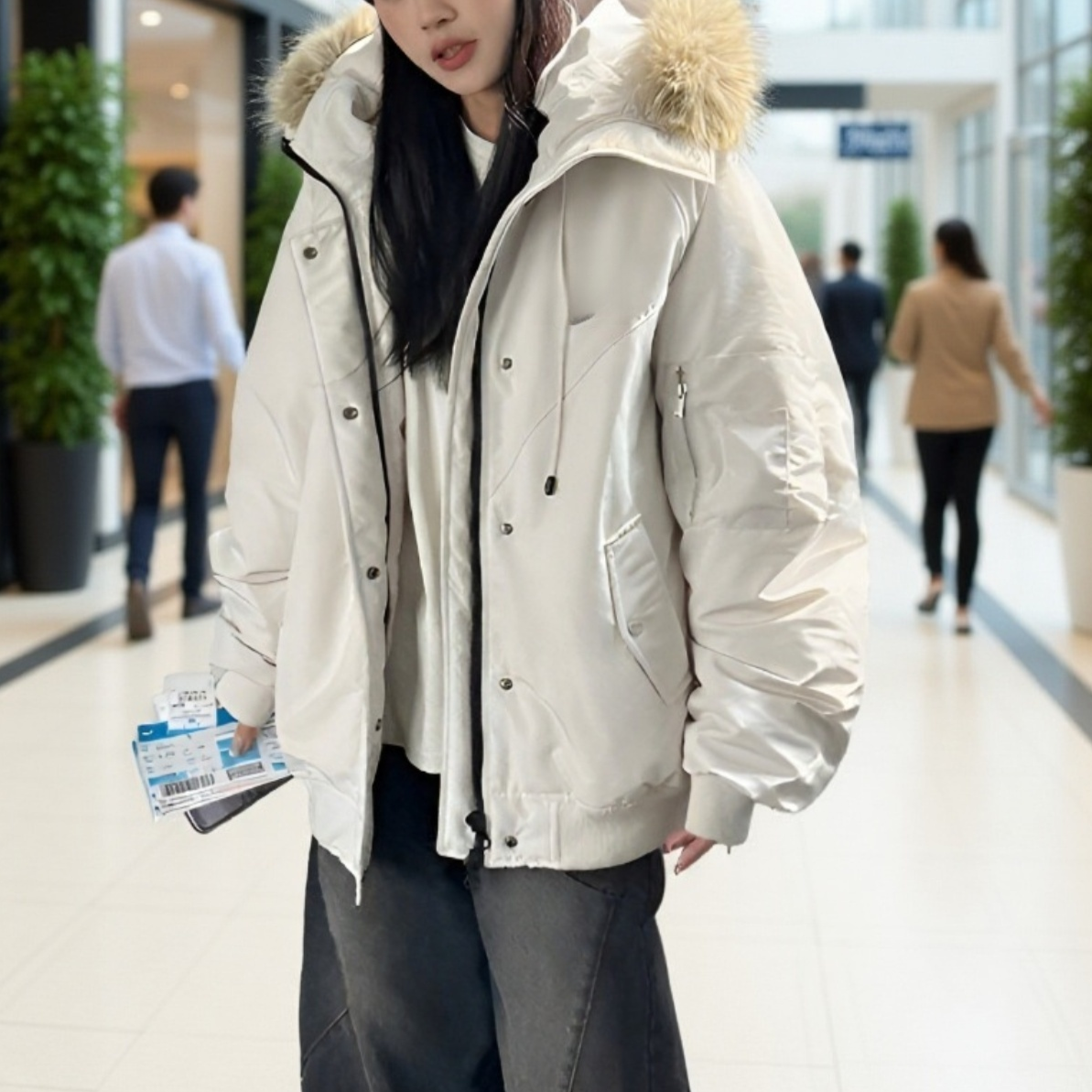 大きなファー付きレディース中綿コート