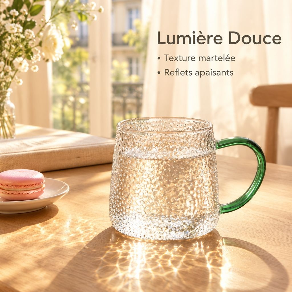 Tasse en Verre Borosilicate Martelé avec Anse Grande Capacité