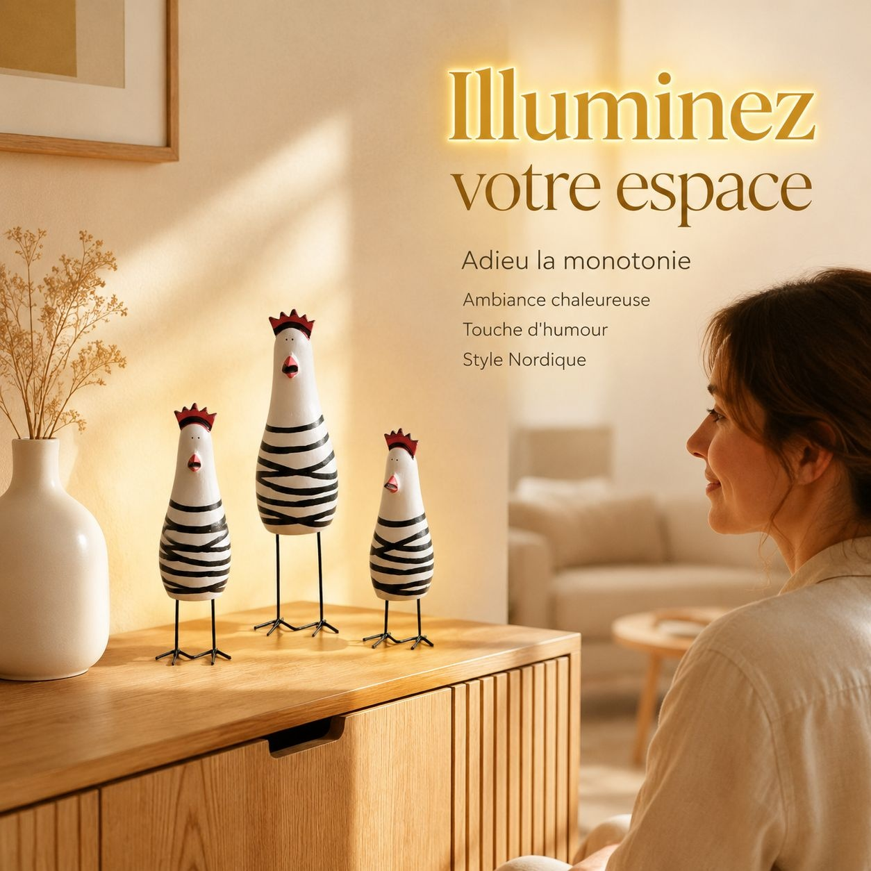 Set de famille coq et poussin sculpté de style européen, 3 pièces en bois, cadeau artisanal