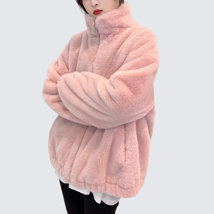 寬鬆仿兔毛立領毛絨外套