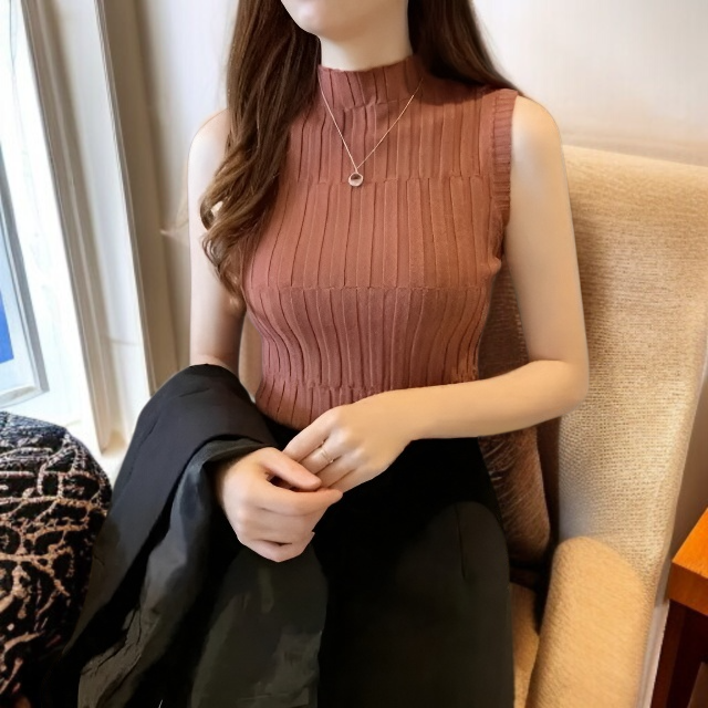 夏新作レトロハイネックスリムフィットニットトップス（女性用、ノースリーブ、万能ベースレイヤーベスト）