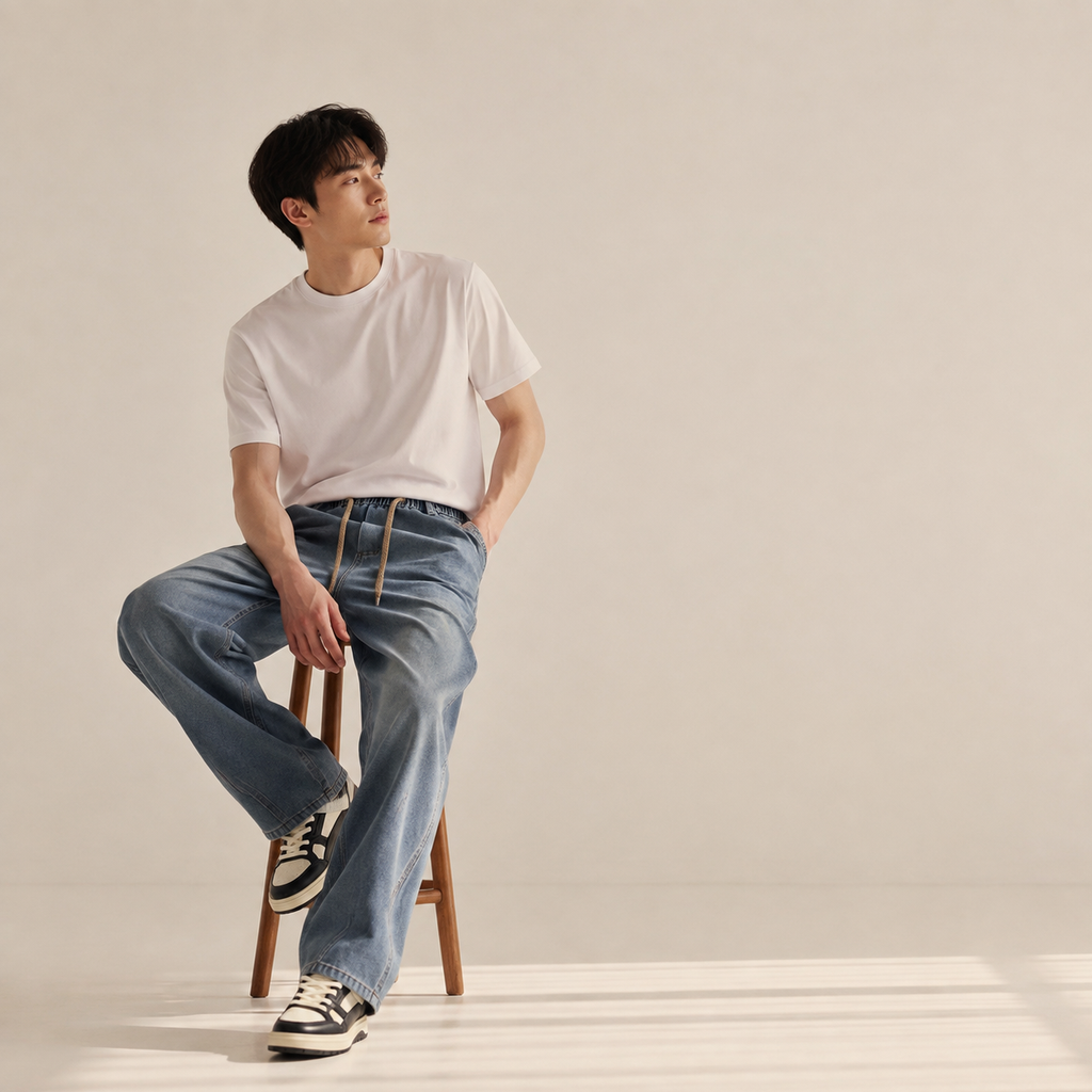 남성 패션 루즈핏 커브드 진 캐주얼 팬츠