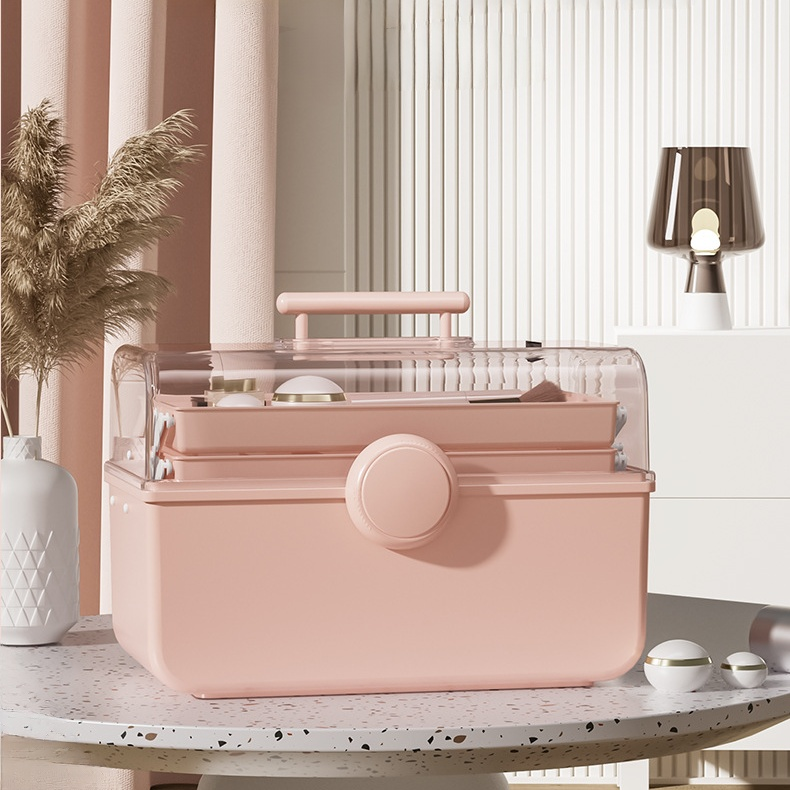 化粧品クリア手提げ収納ボックス 防塵・大容量 卓上収納ケース