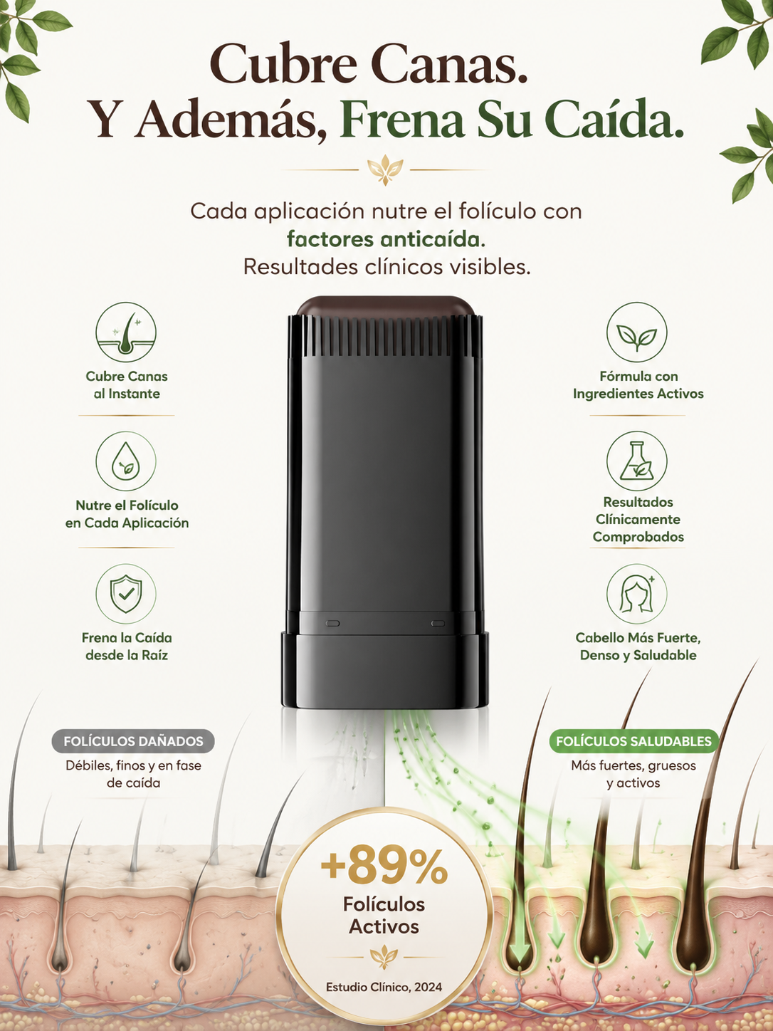 Cubre canas en 3s y frena la caída. Stick 100% vegetal resistente al agua. ¡Hoy 2x1!