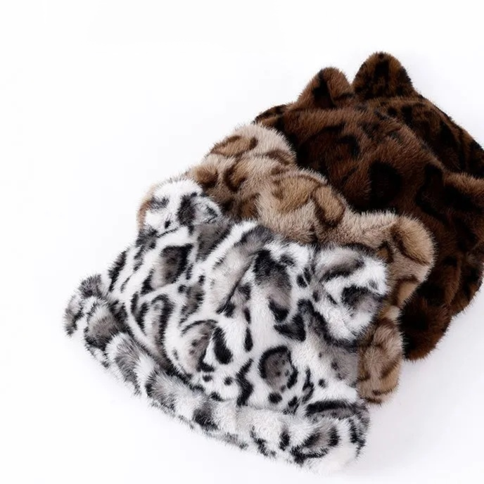 หมวกหมีขนฟูหนาลายเสือดาวกันหนาว