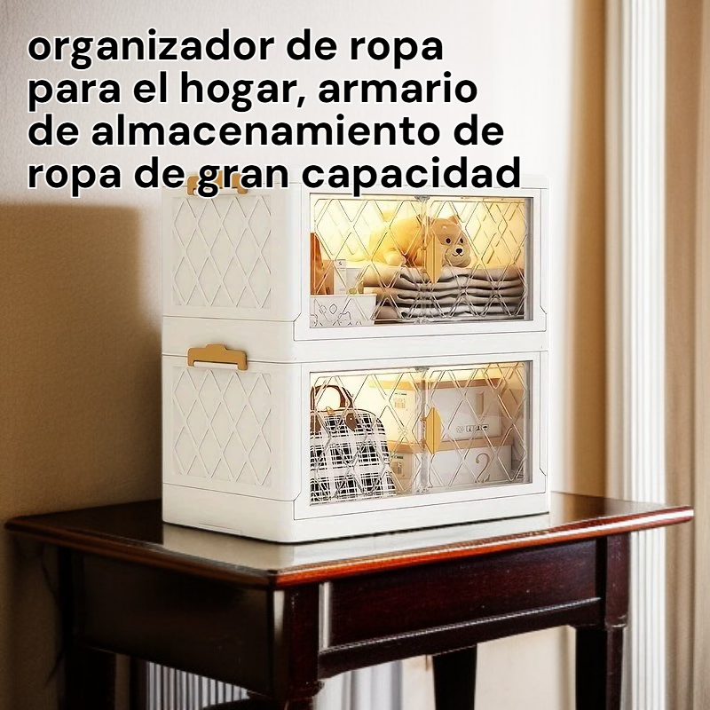 Caja organizadora de ropa con doble puerta y múltiples compartimentos