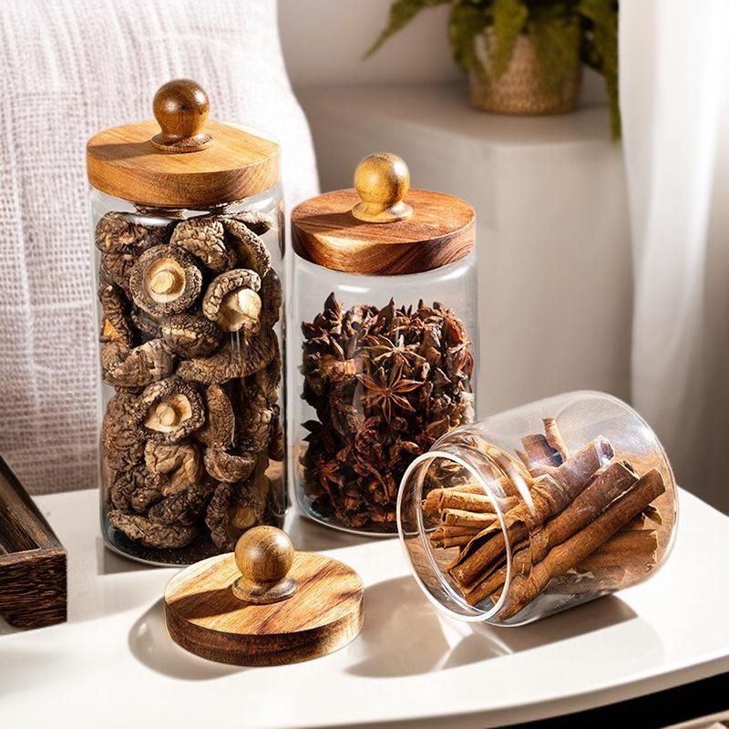 고붕규산 유리 밀폐 용기 중국식 나무 뚜껑 저장병 향신료통