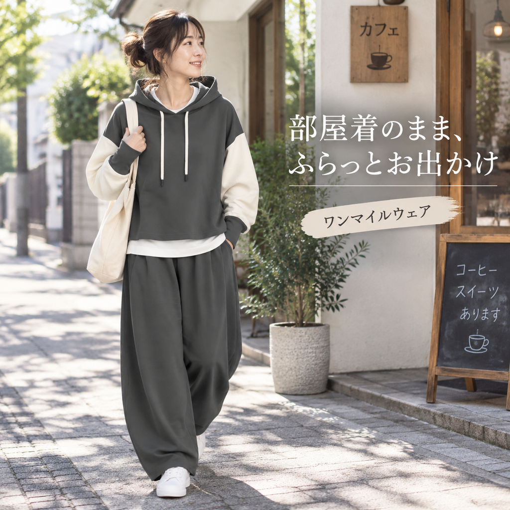 春秋冬新作 日系フード付き配色長袖トップス ワイドパンツ2点セット