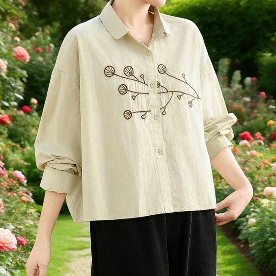 트렌디한 라지 자수 순면 긴팔 셔츠