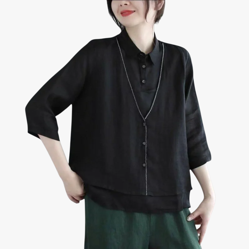 여성 문예 루즈핏 솔리드 셔츠 코튼 린넨 가짜 투피스 상의 여성 루즈핏 문예 가짜 투피스 셔츠