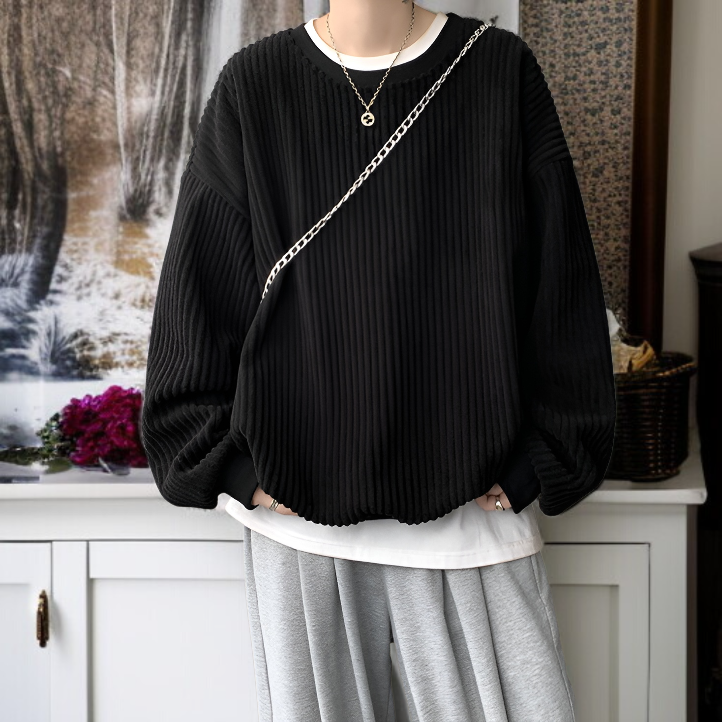 和風デザインメンズスウェットシャツ着用例