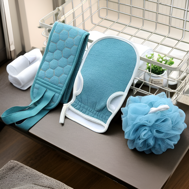 ชุดผ้าขนหนูสามชิ้น ใยขัดตัวฟองน้ำ ถุงมืออาบน้ำ แถบขัดหลังยาว