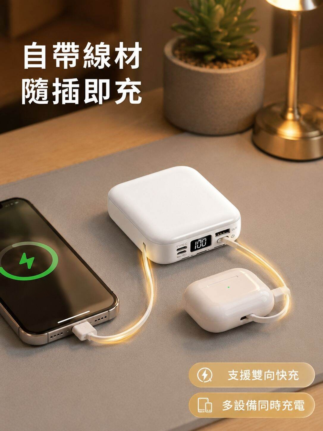 迷你便攜自帶線 20000毫安移動電源