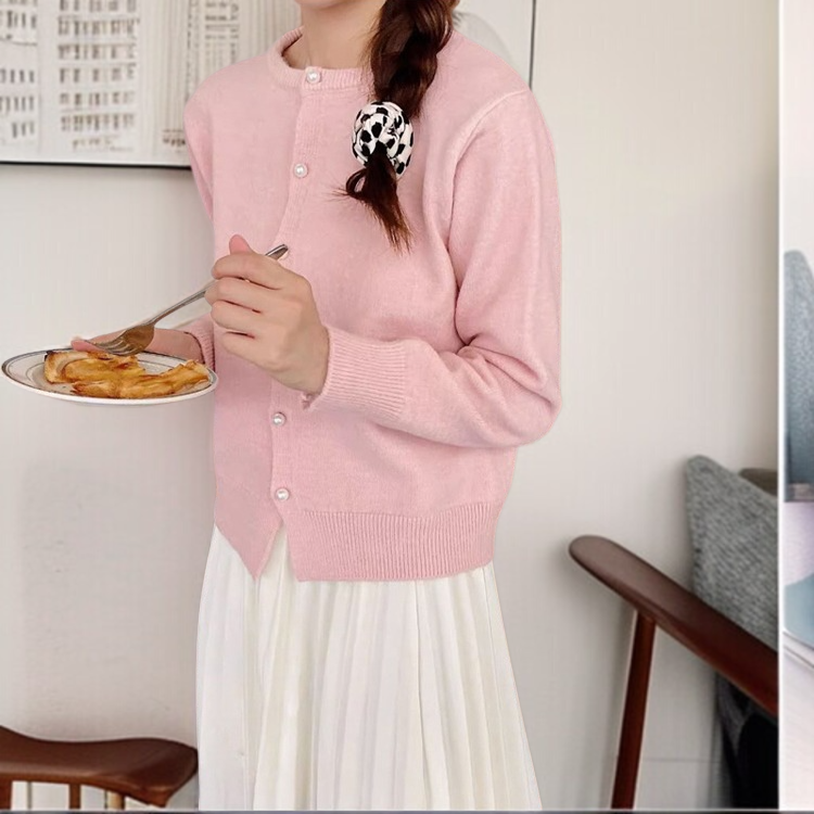 여성 니트 가디건 긴팔 솔리드 상의 진주 버클 여성 봄가을 라운드 니트 가디건 부드러운 니트 코트