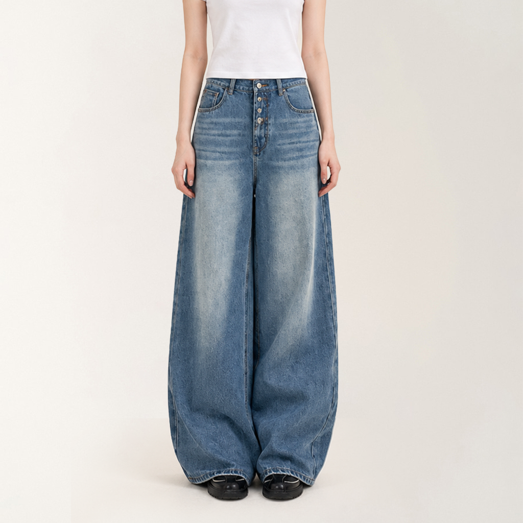 봄가을 무허리 디자인 A라인 루즈핏 와이드 데님 팬츠 여성용