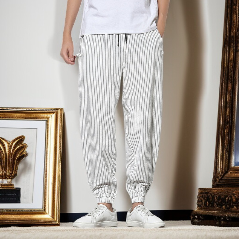 メンズコットン＆リネン ゆったりストライプジョガーパンツ